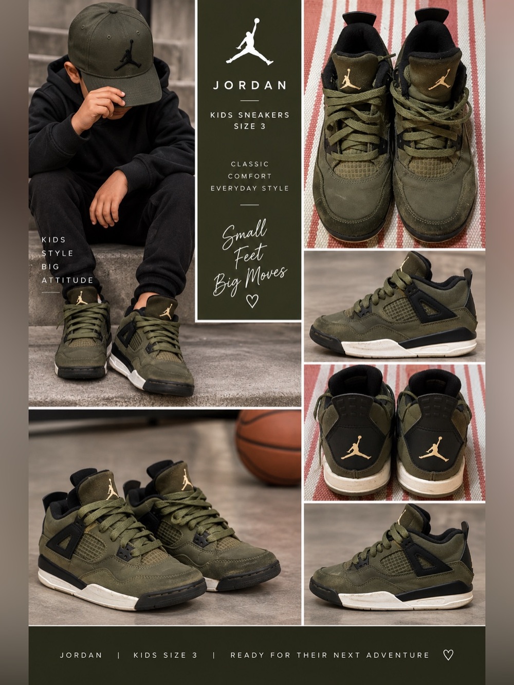 Jordan Olive Green kids Basketball Sneakers with Jumpman Logo size 3